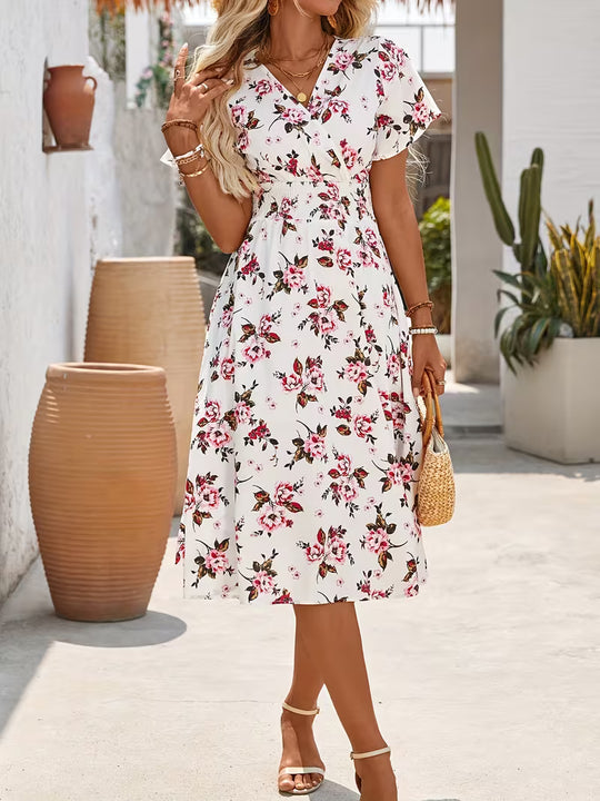 Boho V-Neck Smocked Waist Floral Dress