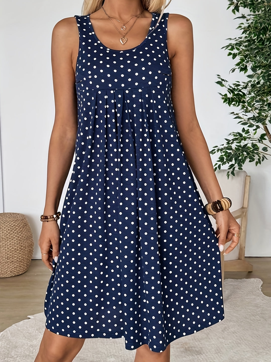 Casual Scoop Neck Polka Dot Mini Dress