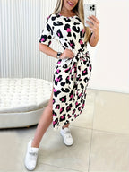 Side Slit Leopard Print Midi Dress