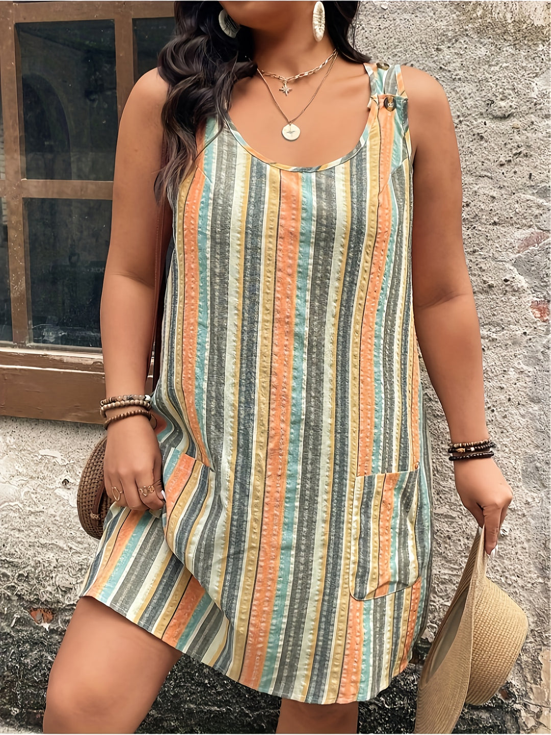 Plus Size Sleeveless Striped Pocket Mini Boho Dress