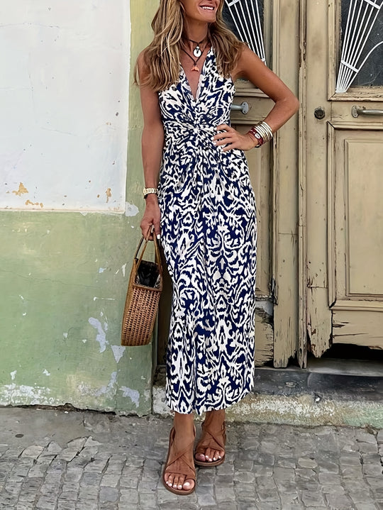 Twisted Front Abstract Motif Flowy Boho Dress
