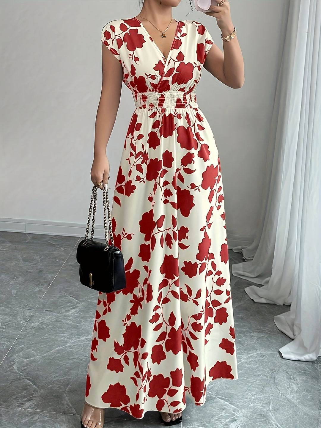 Bohemian V-Neck Smocked Waist Maxi Dress