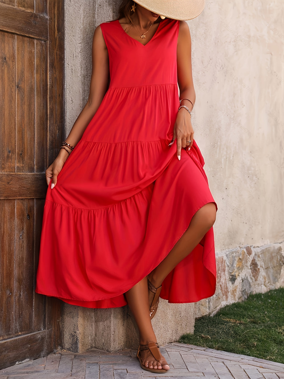 Solid Tiered Sleeveless Bohemian Summer Dress