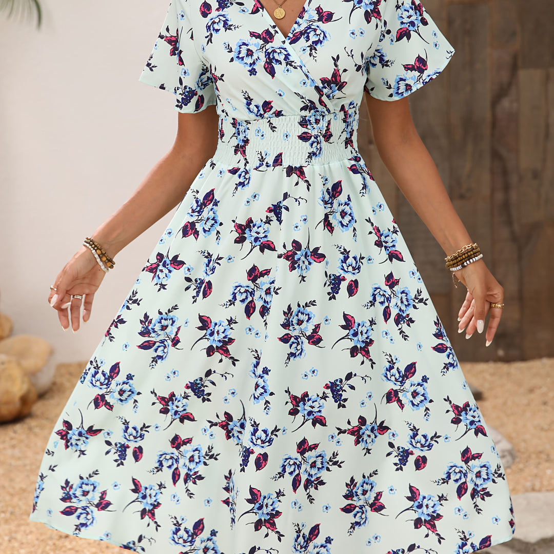 Boho V-Neck Smocked Waist Floral Dress