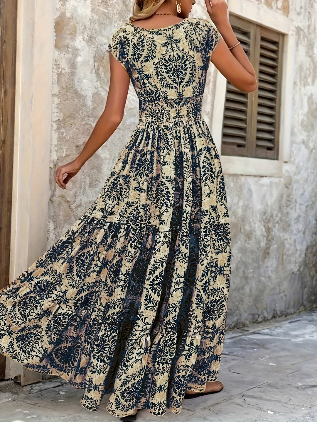 Ornate Print Tiered Smocked Boho Summer Dress