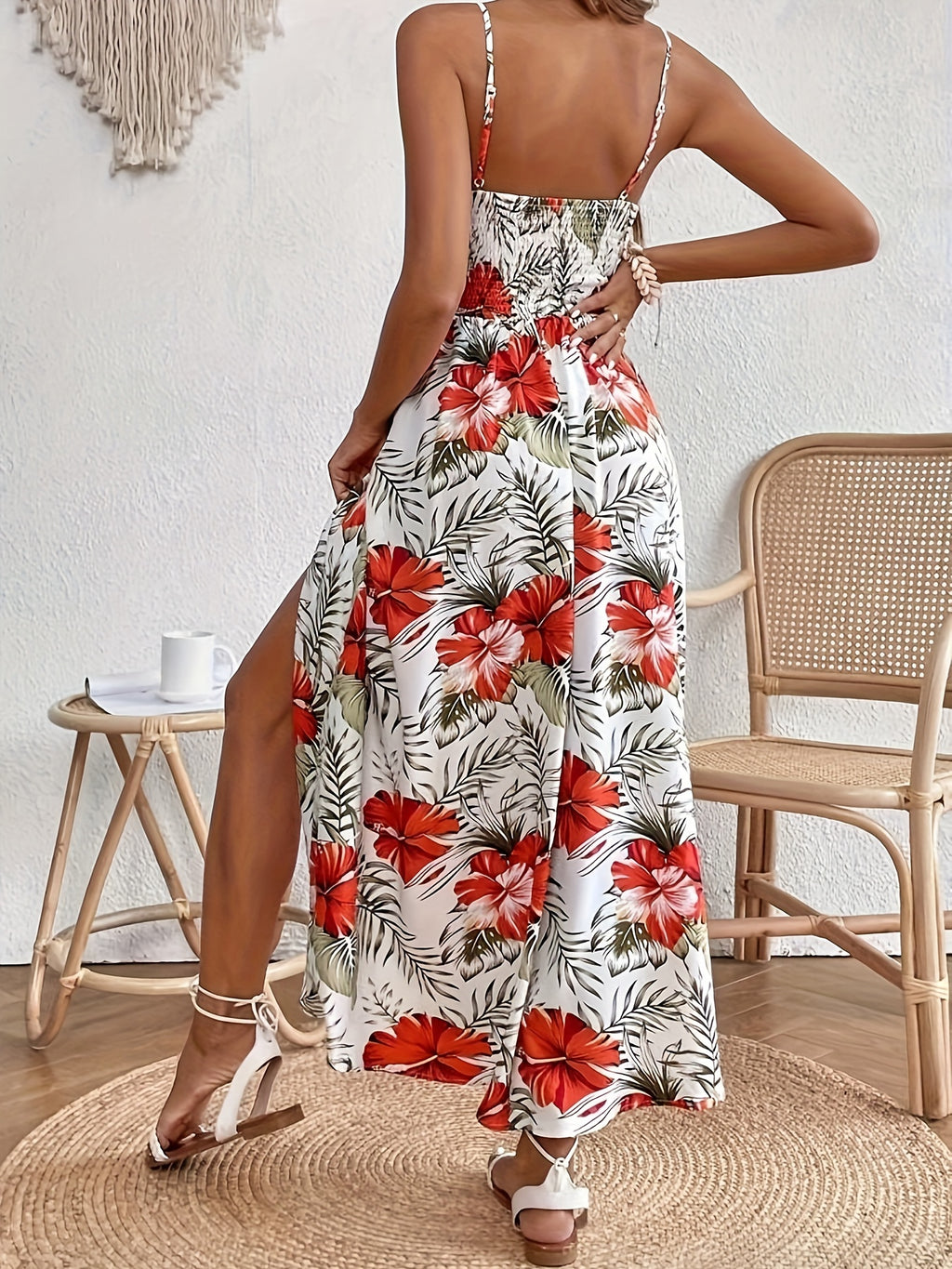 Tropical Print Cutout Slit Maxi Dress
