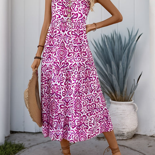 Bohemian V-Neck Button Front Midi Dress