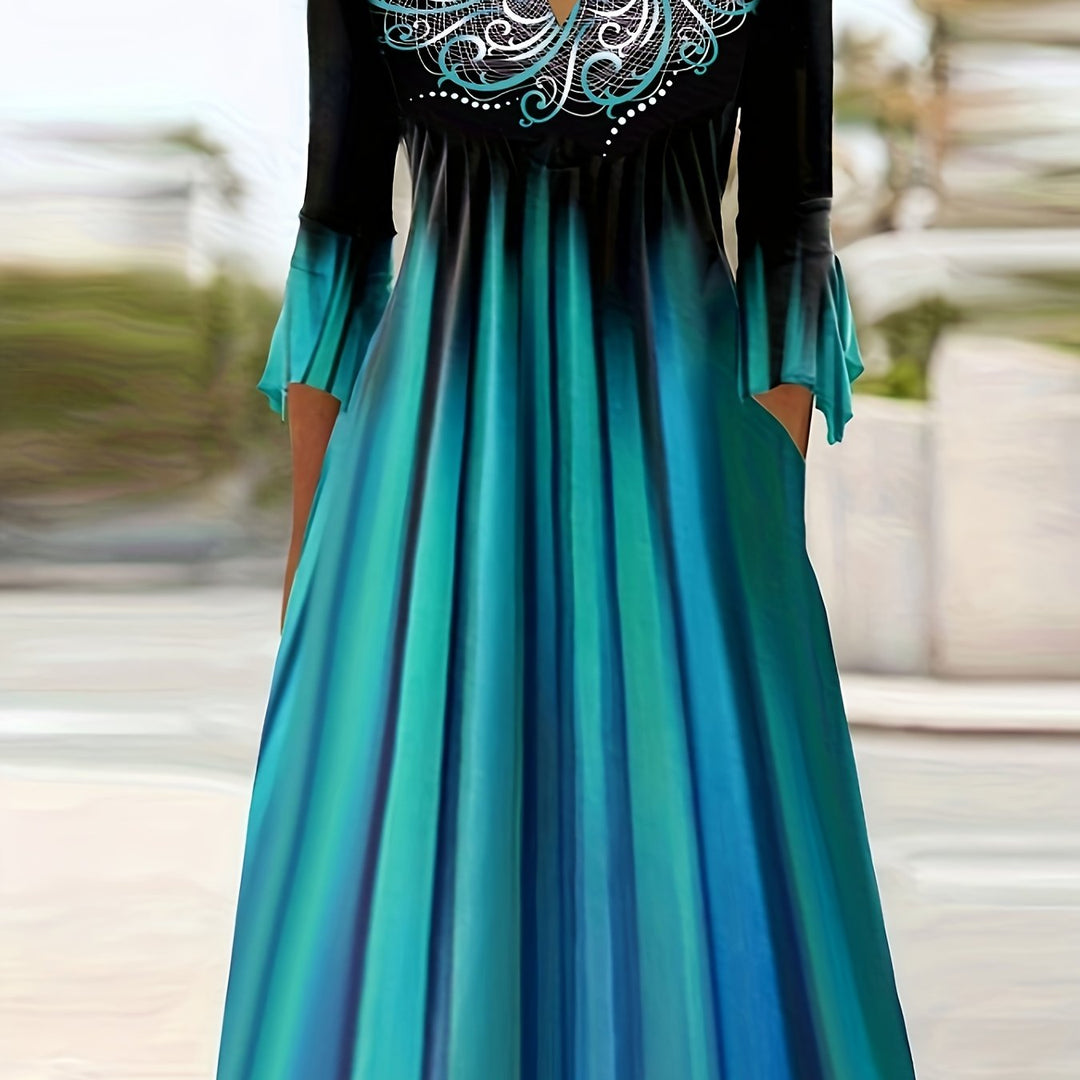Bohemian Flare Sleeve Graphic Midi Dress