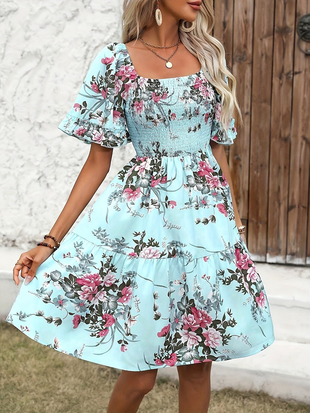 Casual Smocked Bodice Floral Flared Dress