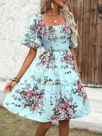 Casual Smocked Bodice Floral Flared Dress