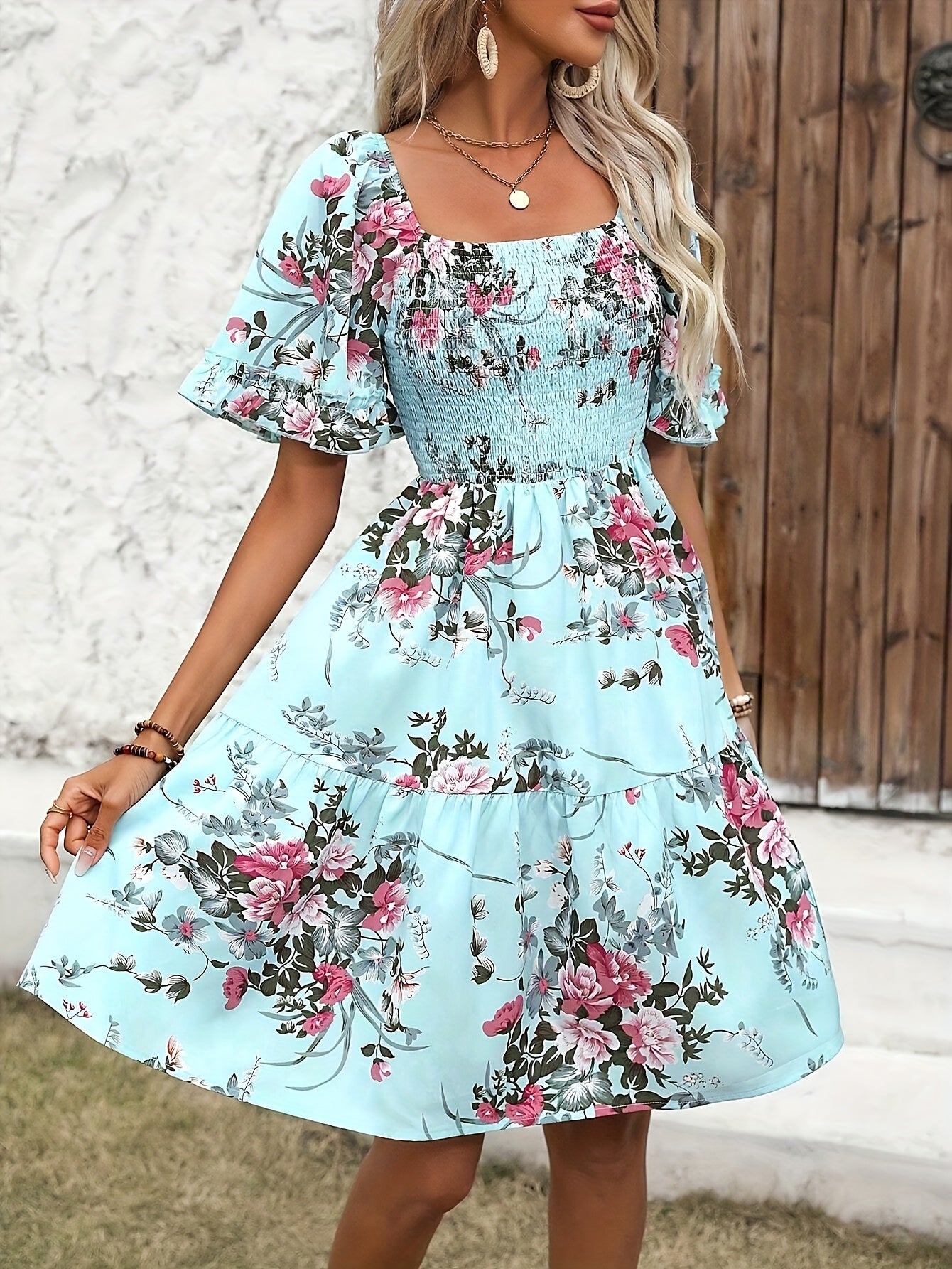 Casual Smocked Bodice Floral Flared Dress