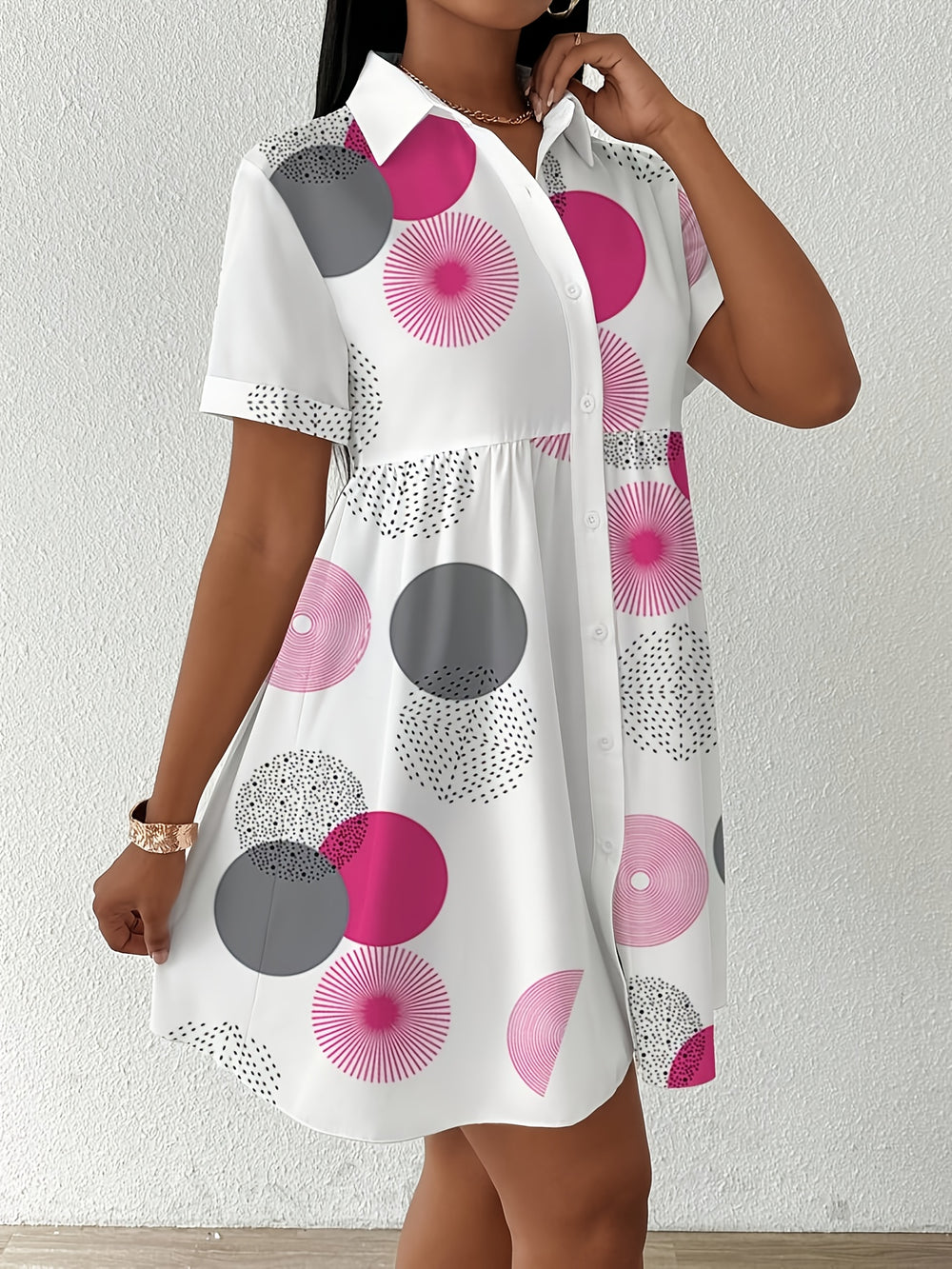 Abstract Circle Print Collared Mini Dress