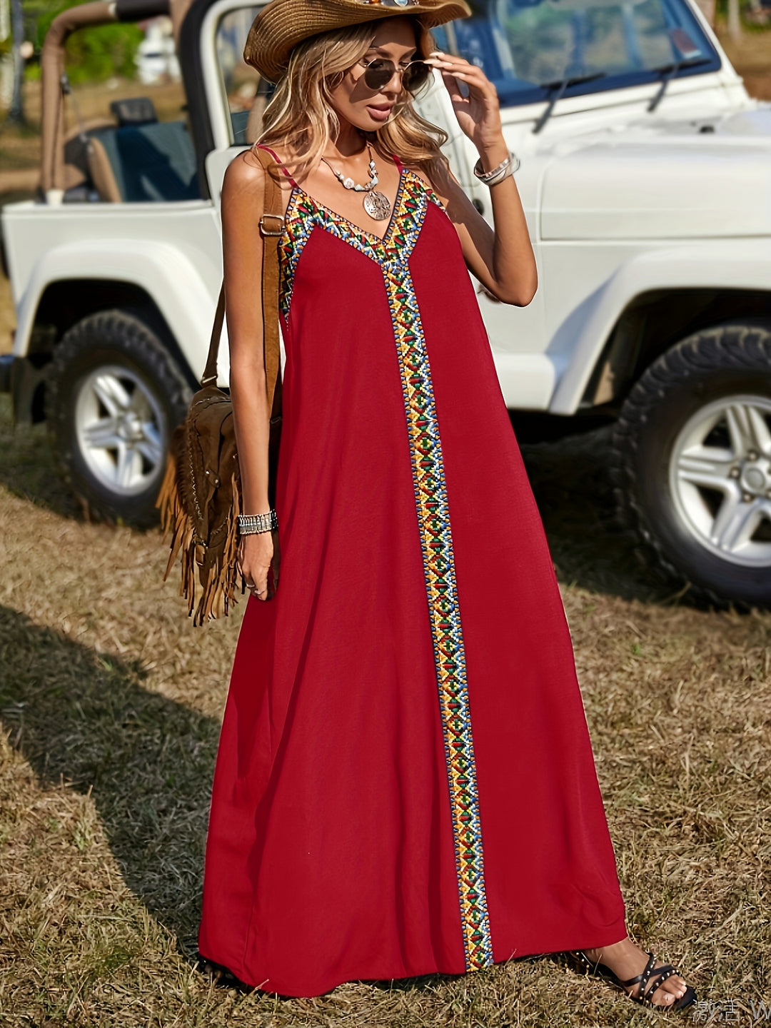 Bohemian Embroidered Trim V-Neck Maxi Dress