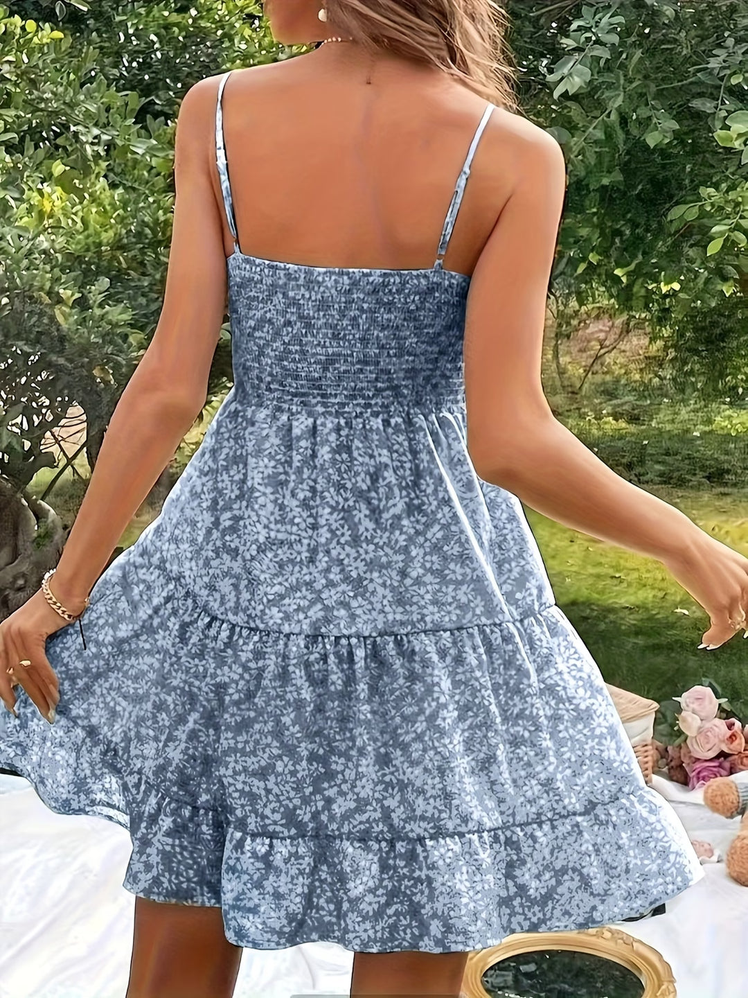 Casual Boho Shirred Bodice Floral Dress