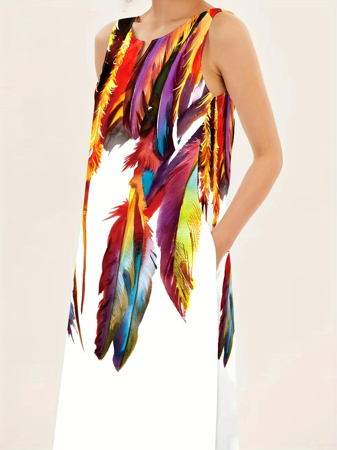 Feather Print Sleeveless V-Neck Boho Dress