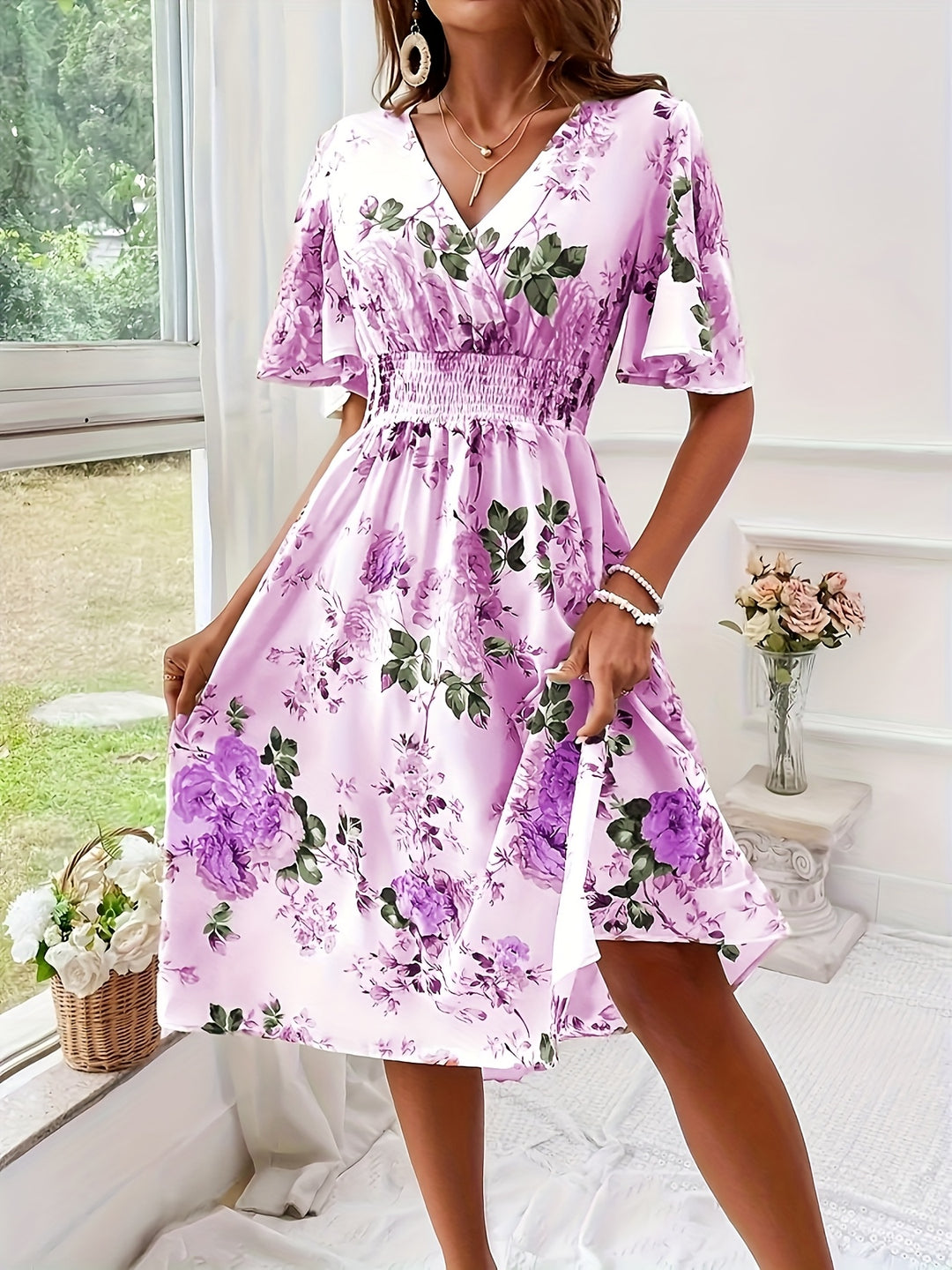 Floral Print V-Neck Flutter Sleeve Smocked Midi Dress - Plus Size