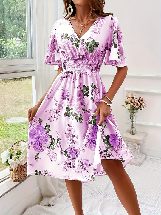 Floral Print V-Neck Flutter Sleeve Smocked Midi Dress - Plus Size