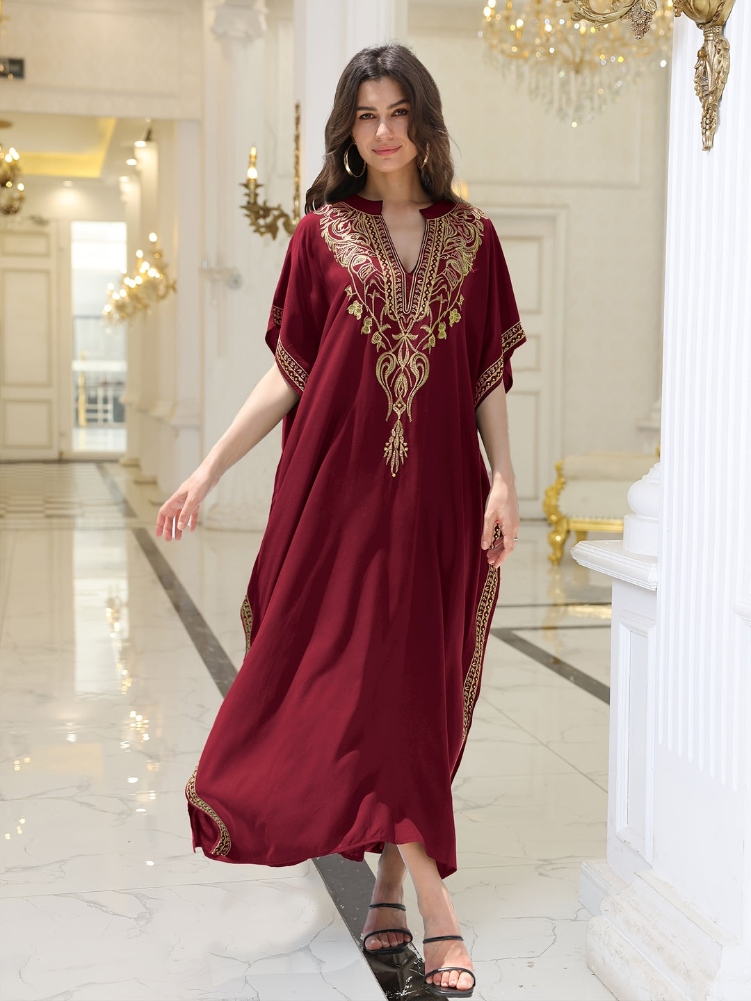 Boho Split Hem Embroidered Kaftan Dress
