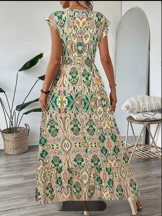 Elegant V-Neck Geometric Print Maxi Dress