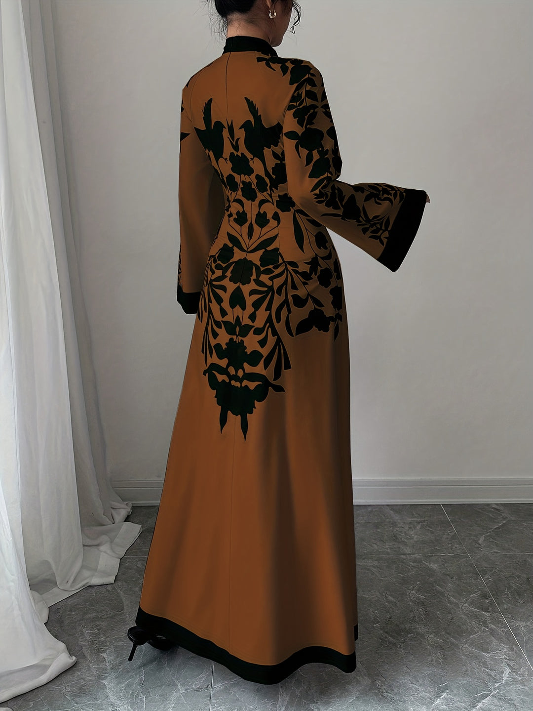 Flared Sleeve Long Floral Panel Evening Maxi Dress
