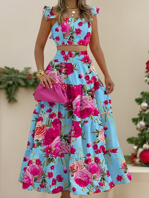 Boho Ruffle Strap 2-Piece Maxi Dress