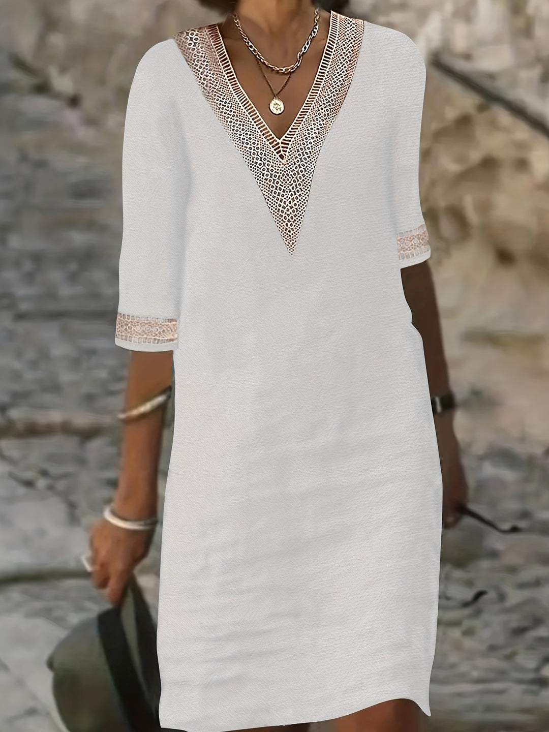 Casual Half Sleeve Lace Insert Dress