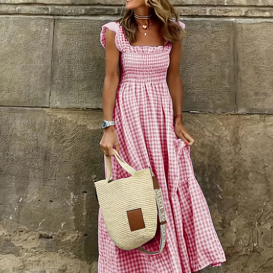 Summer Bohemian Checkered Tiered Long Dress