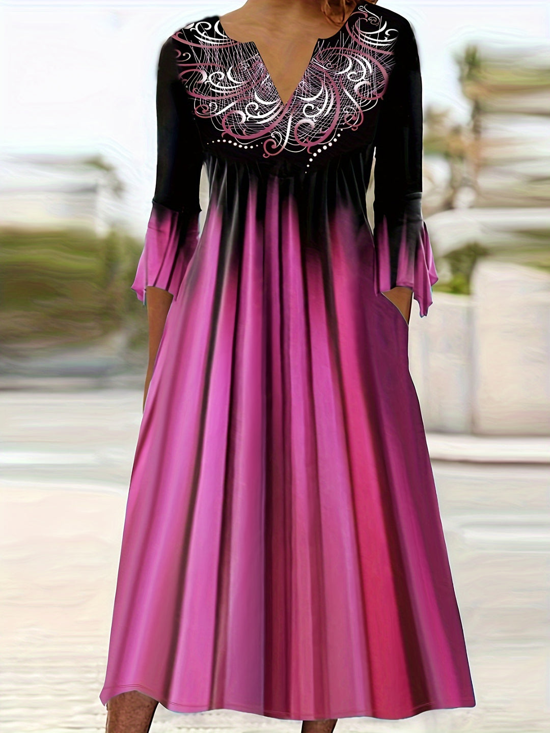 Black and Pink Ombre 3/4 Bell Sleeve Midi Dress