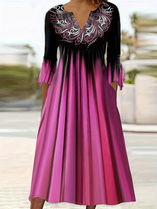 Black and Pink Ombre 3/4 Bell Sleeve Midi Dress