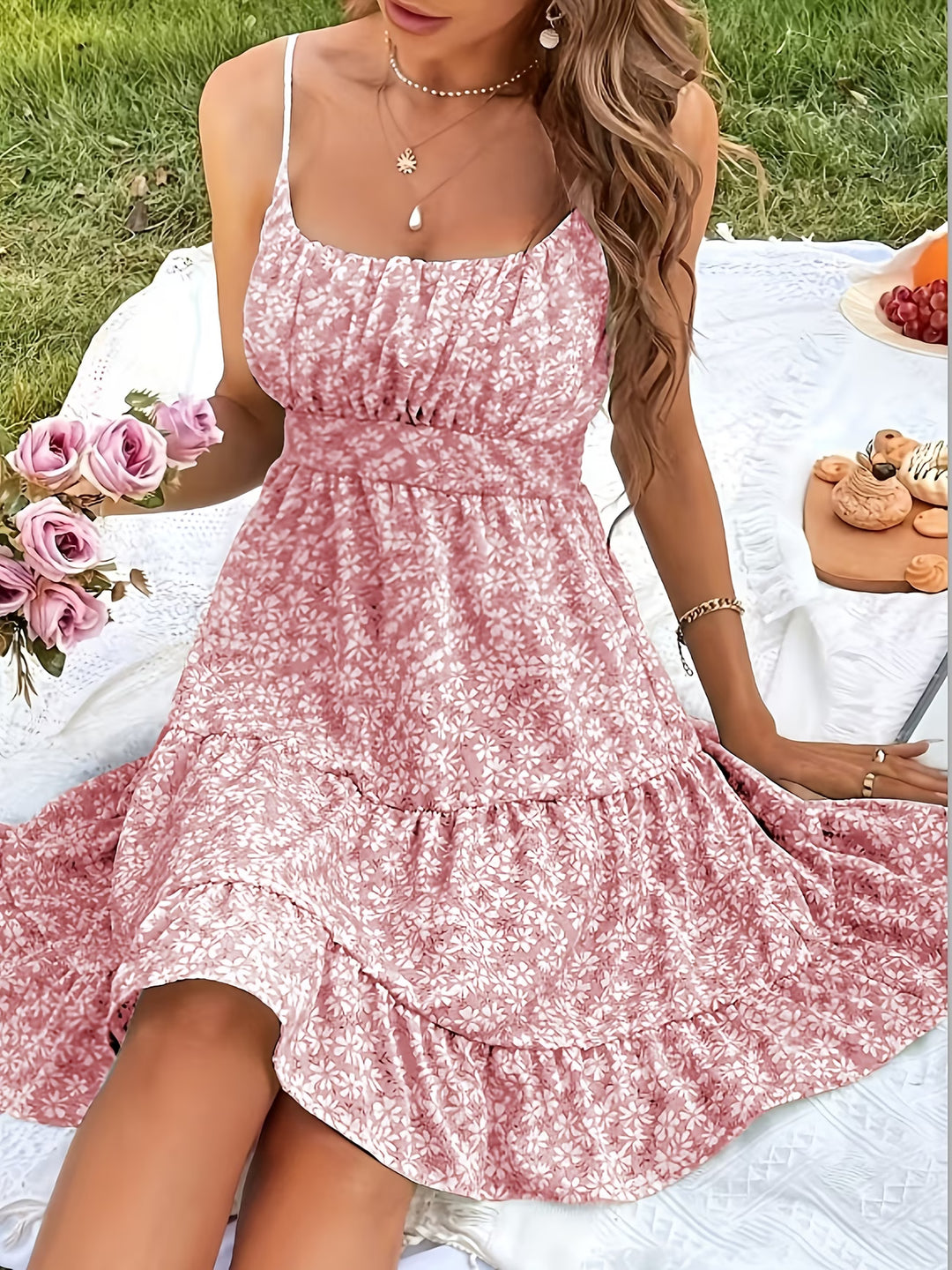 Casual Boho Shirred Bodice Floral Dress