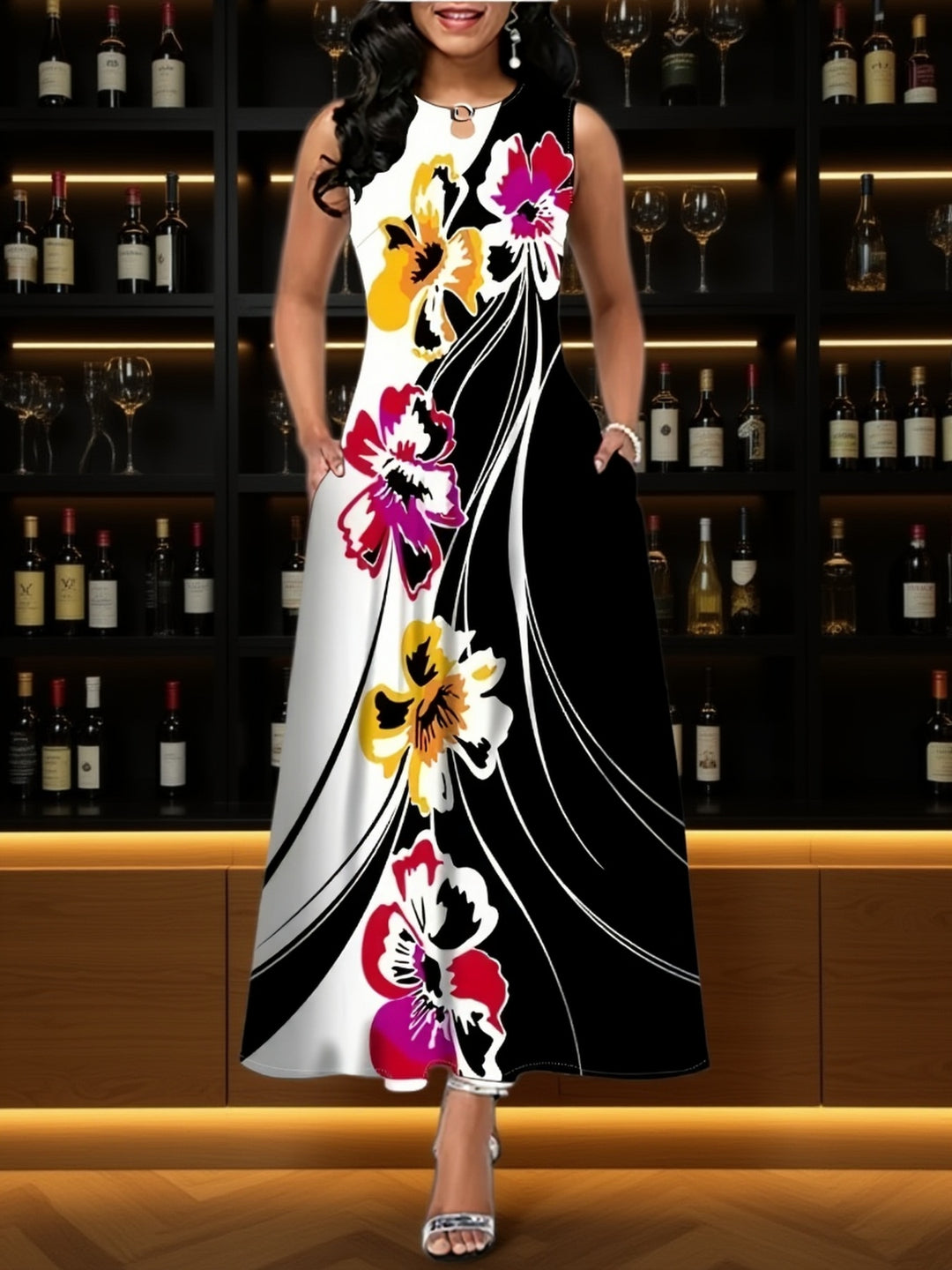 Abstract Floral Print Sleeveless Long Dress