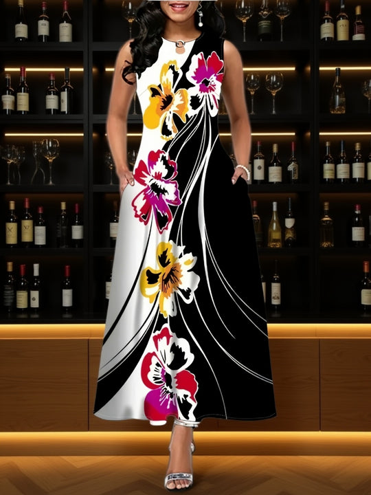 Abstract Floral Print Sleeveless Long Dress