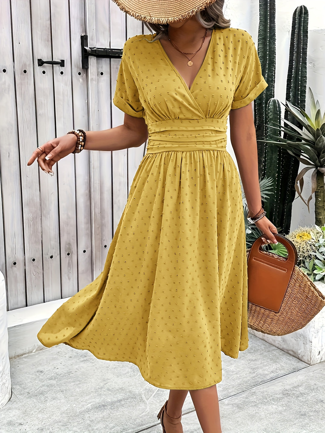 Casual Swiss Dot V-Neck Midi Dress