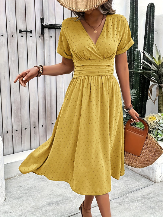 Casual Swiss Dot V-Neck Midi Dress