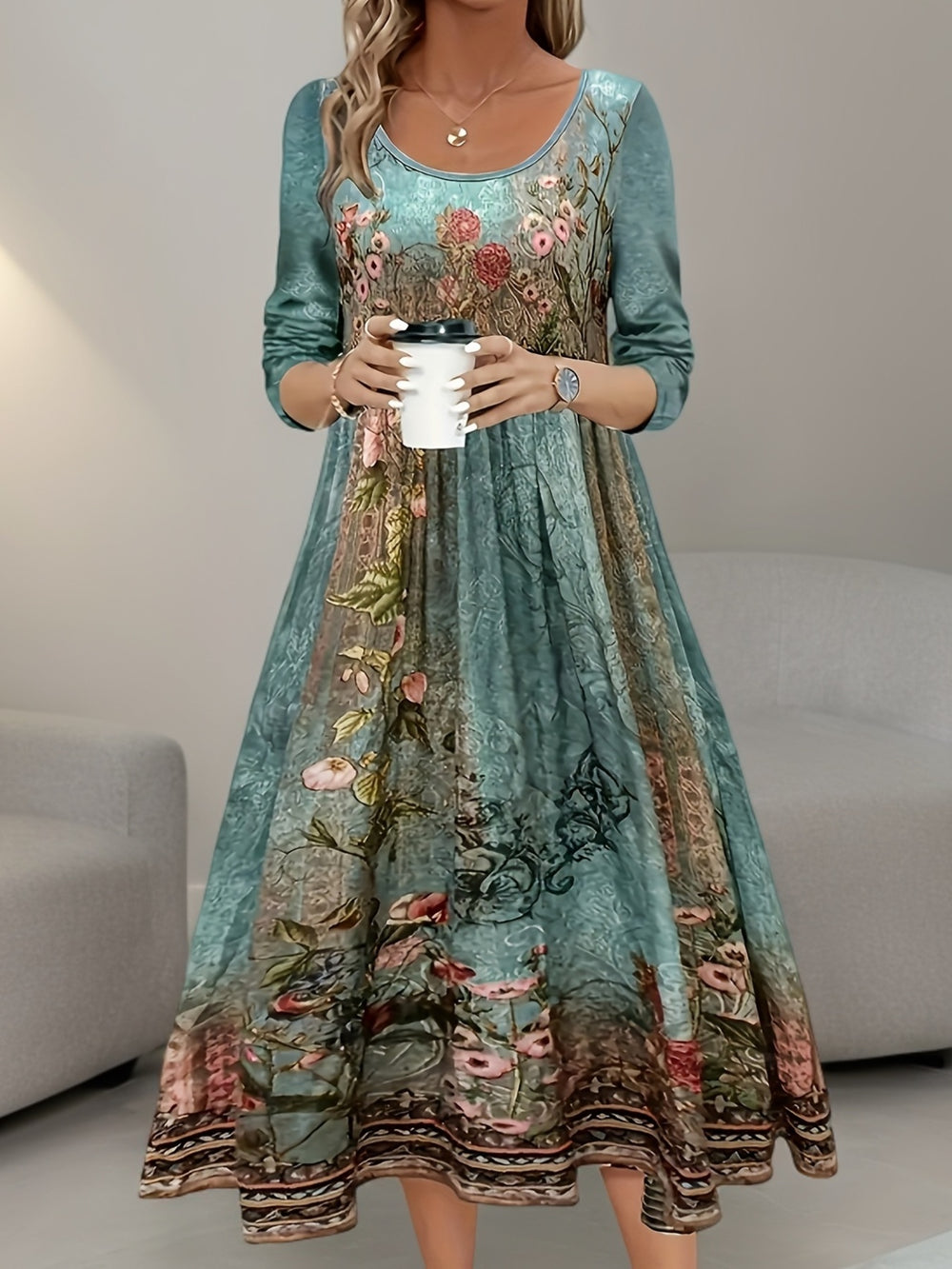 Vintage Scoop Neck Floral Maxi Dress