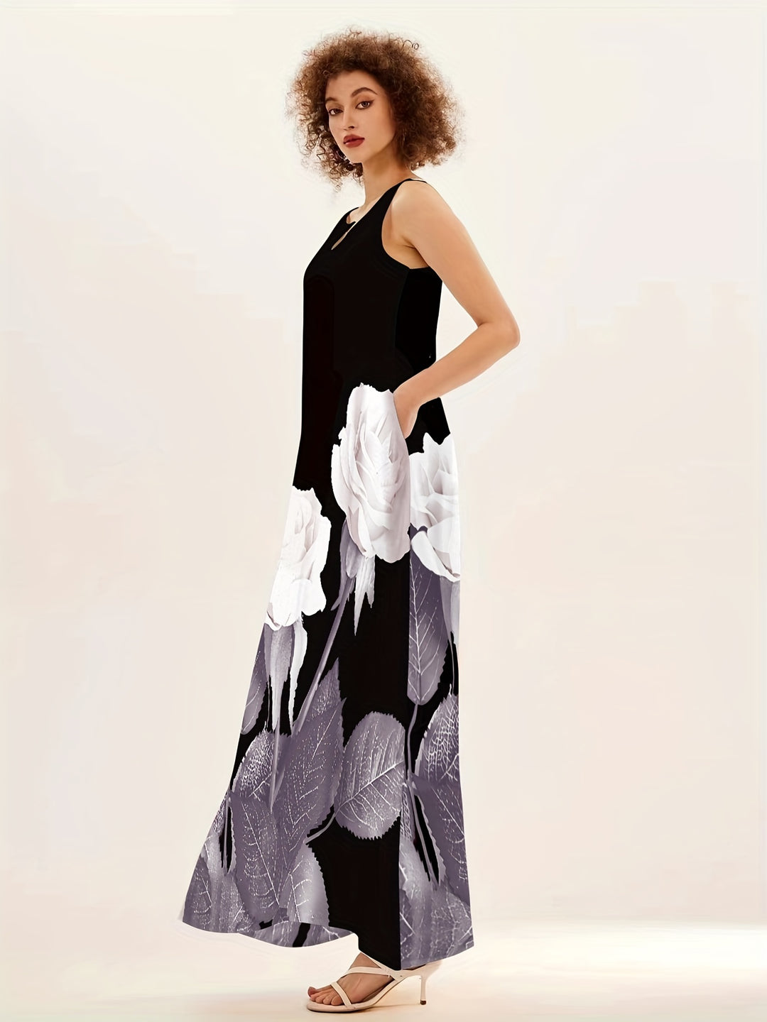 Summer Bohemian Sleeveless Large Floral Print Pocket Dress