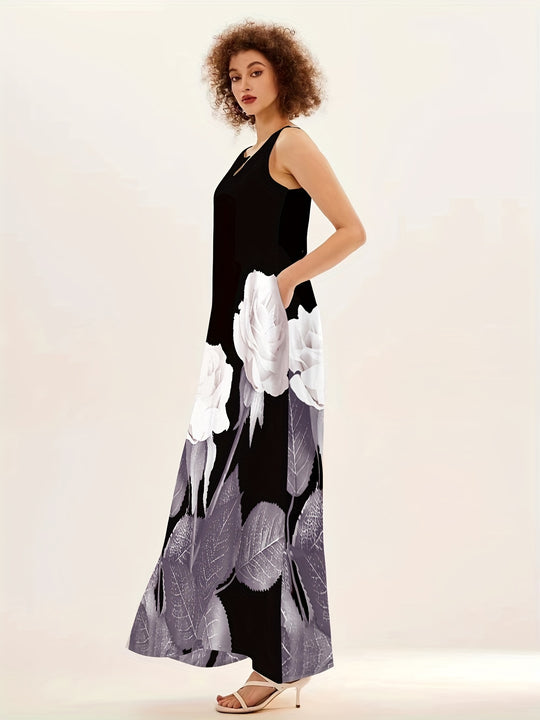 Summer Bohemian Sleeveless Large Floral Print Pocket Dress