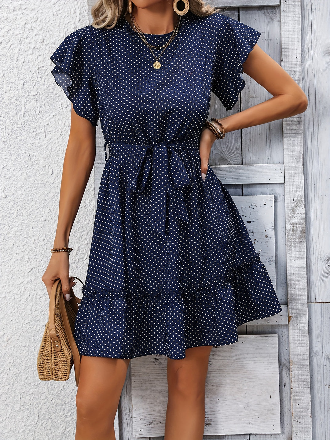Polka Dot Flutter Sleeve Ruffle Mini Bohemian Dress