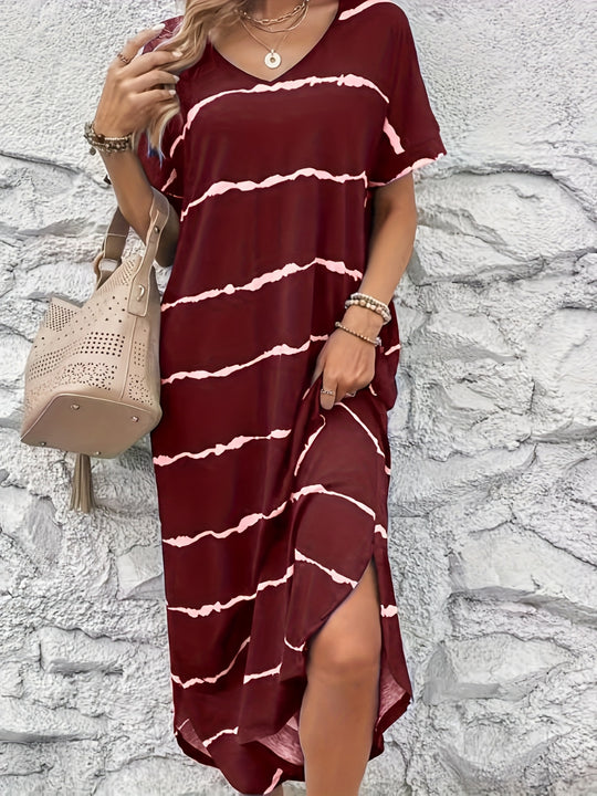 Casual V-Neck Tie Dye Pattern Loose Maxi Dress - Plus Size