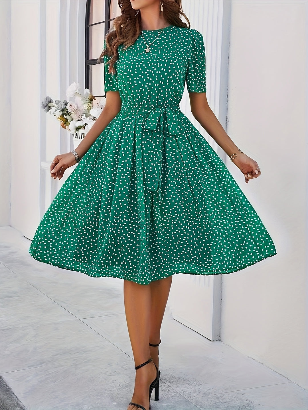 Polka Dot Short Sleeve Midi Dress with Tie Waist