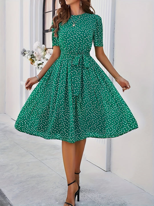 Polka Dot Short Sleeve Midi Dress with Tie Waist
