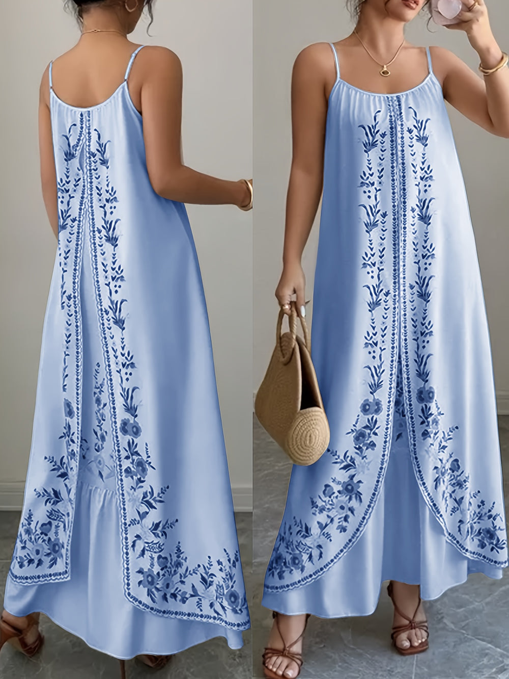 Bohemian Floral Pattern Layered Spaghetti Strap Dress