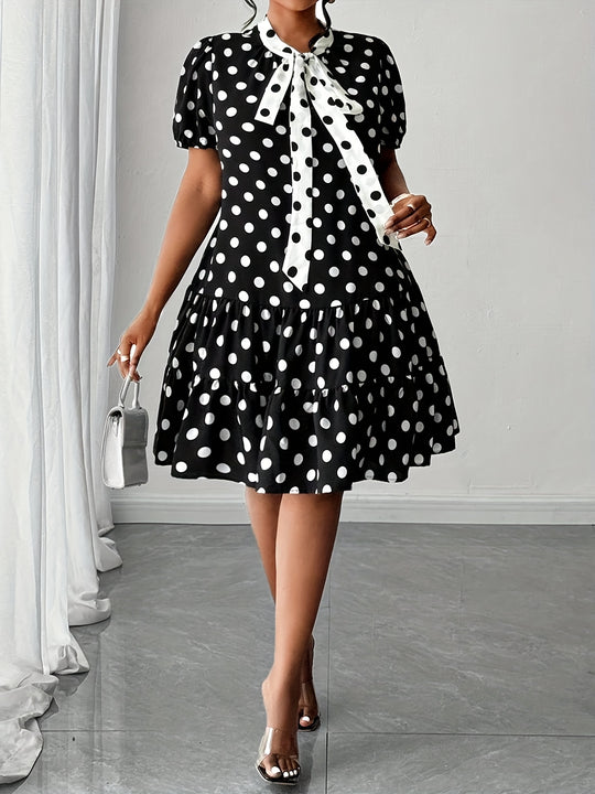 Plus Size Tie Neck Polka Dot Tiered Bohemian Dress