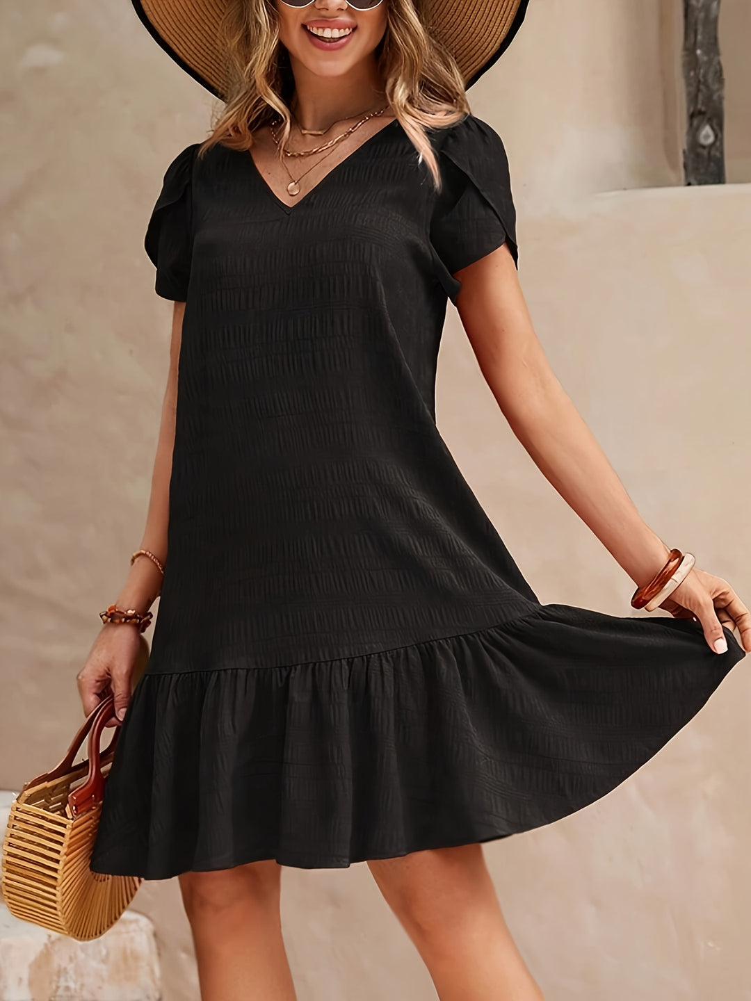 Short Sleeve Ruffle Hem Mini Dress