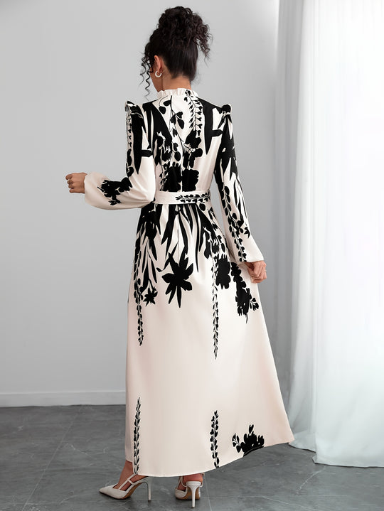 Long Sleeve Floral Print Maxi Dress with Waist Tie