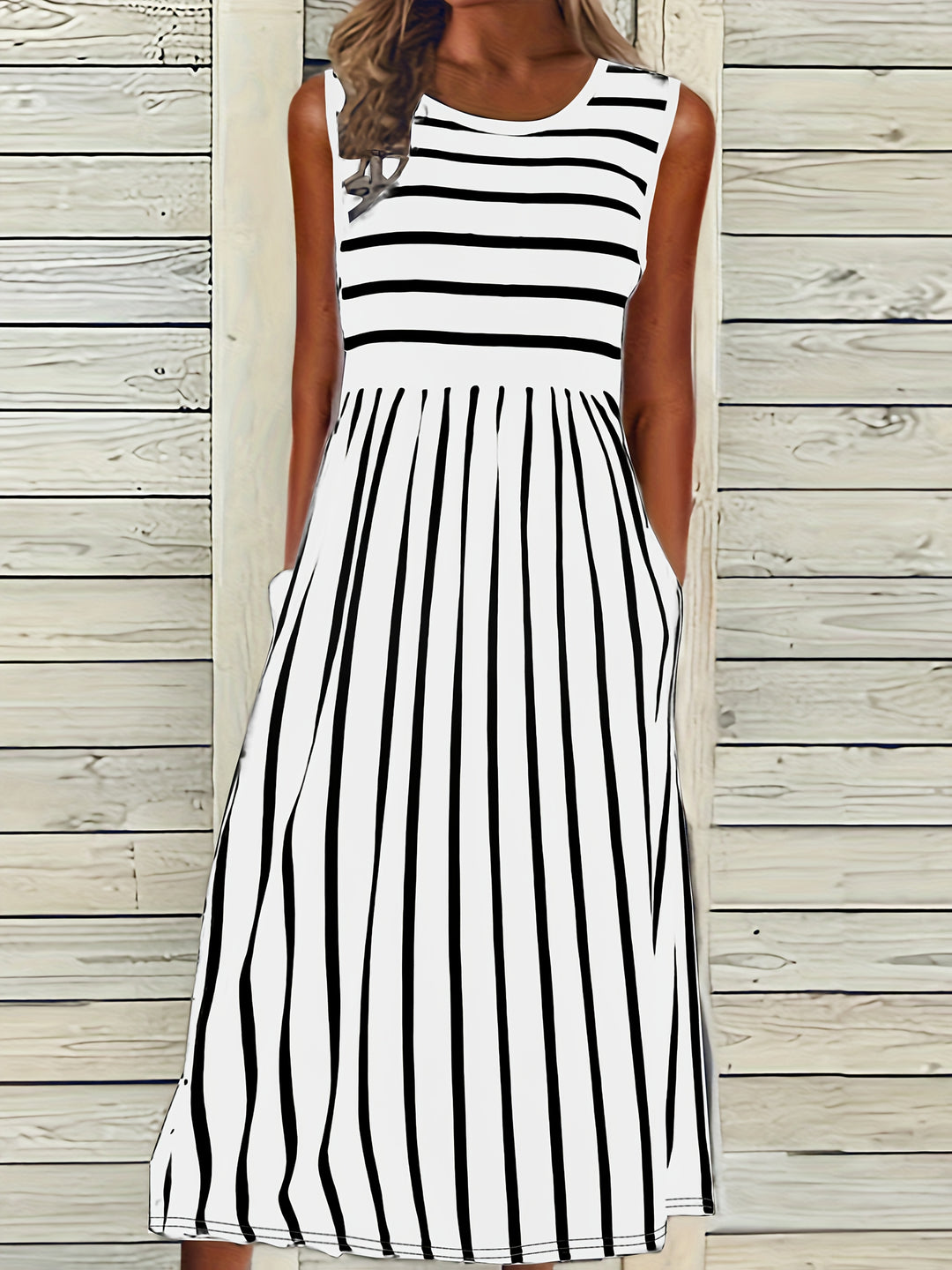 Striped Sleeveless Pocket Maxi Bohemian Dress