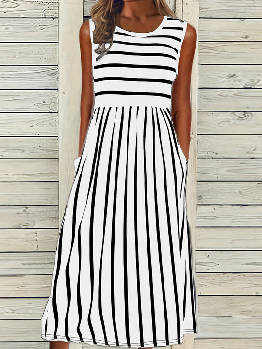 Striped Sleeveless Pocket Maxi Bohemian Dress