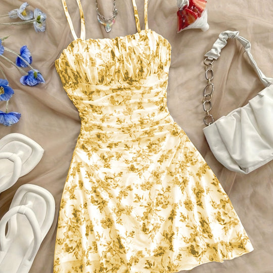 Romantic Floral Ruched Double Strap Mini Dress