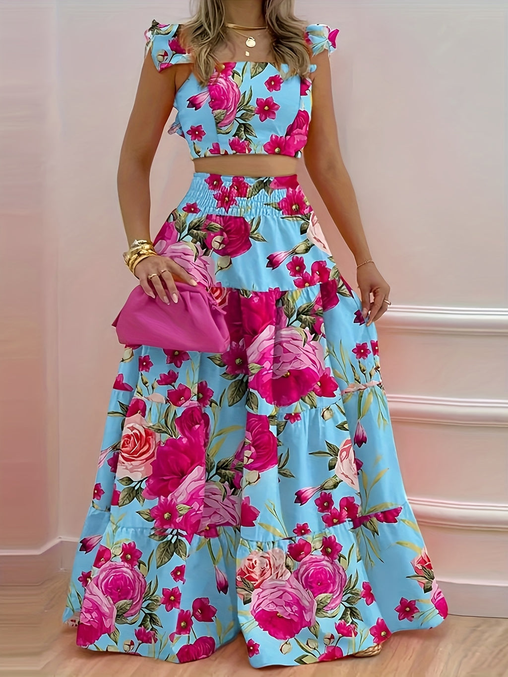 Boho Ruffle Strap 2-Piece Maxi Dress