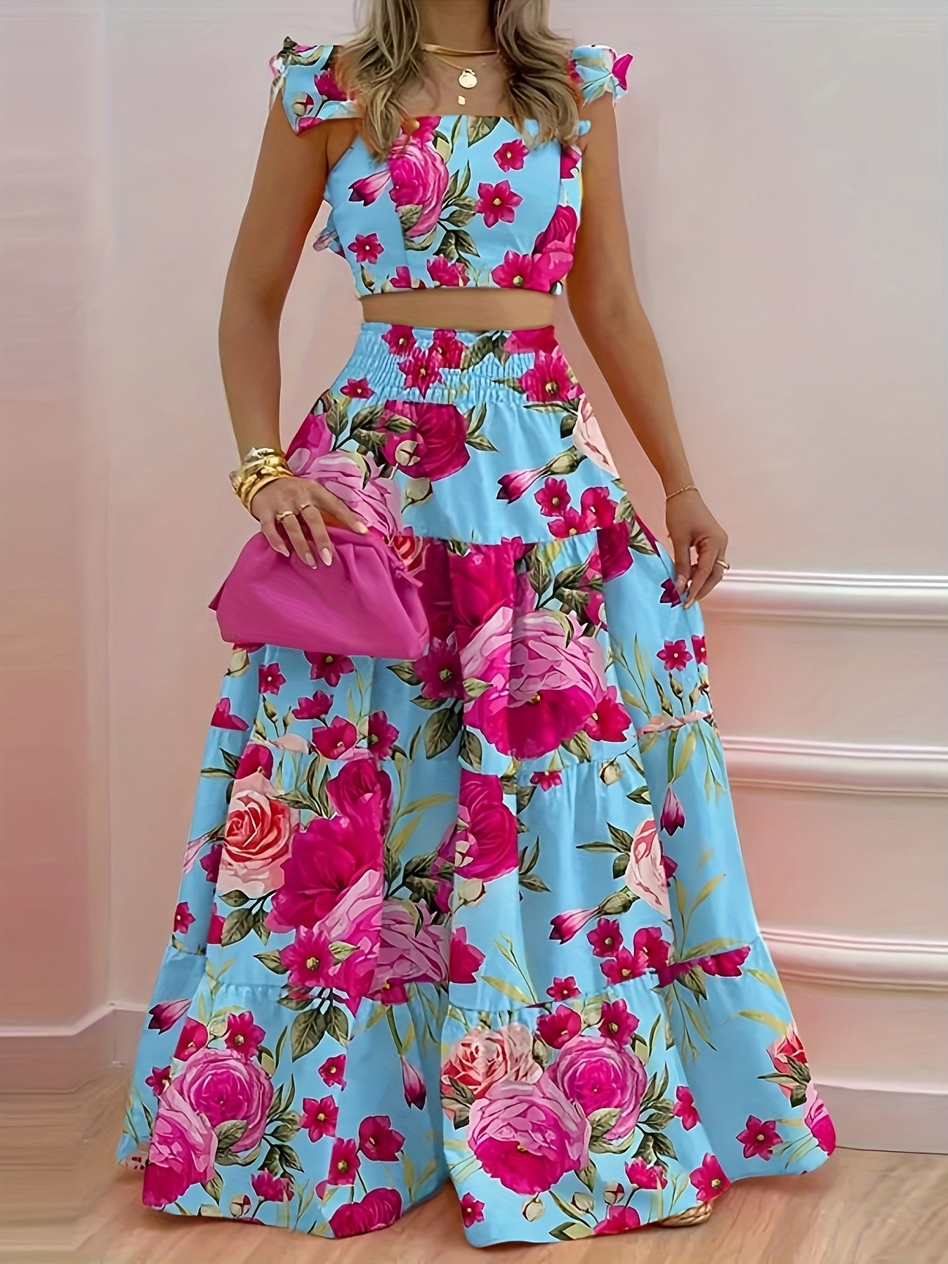 Boho Ruffle Strap 2-Piece Maxi Dress